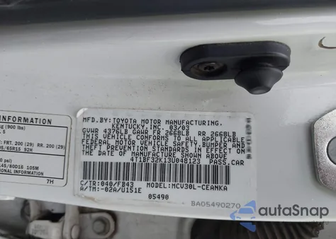 2003 Toyota Camry Le V6 from USA, damaged, VIN 4T1BF32K13U048123